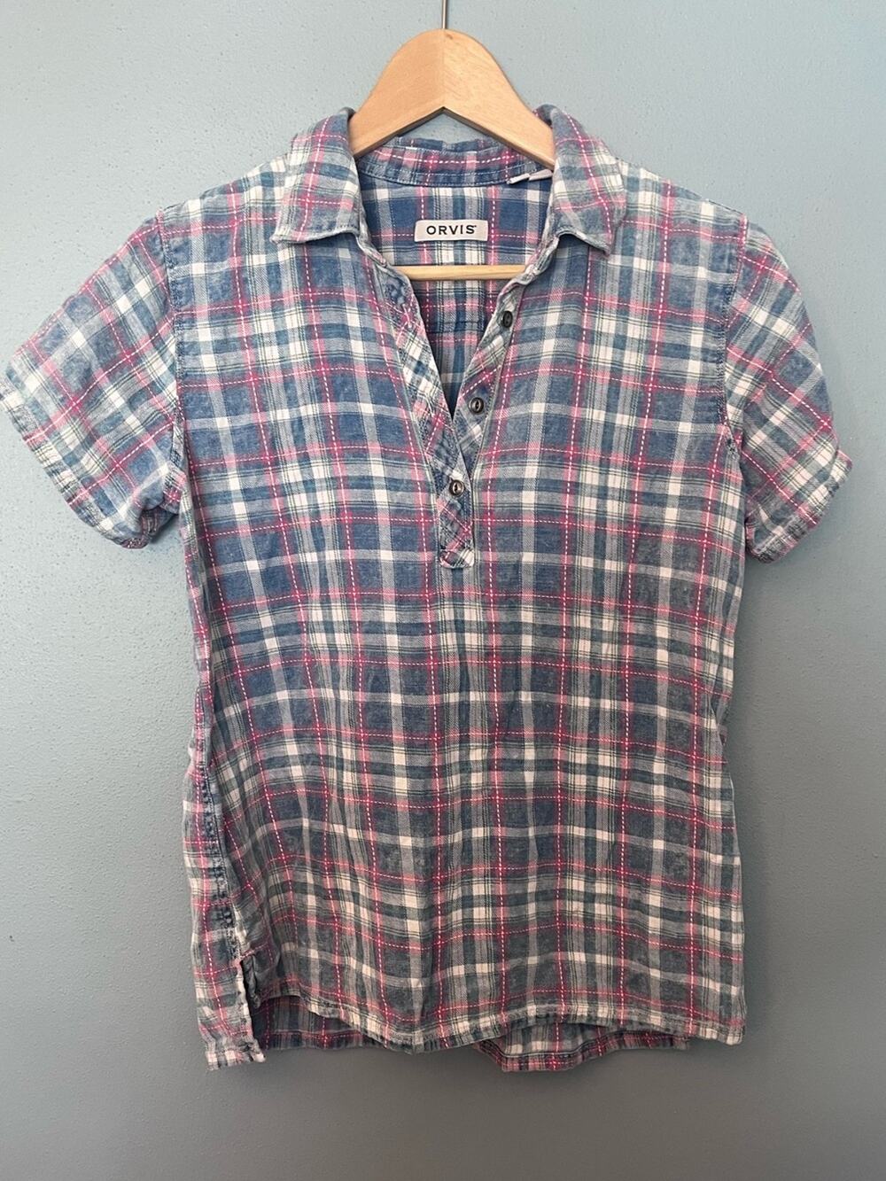 Orvis Blue Pink White Plaid Short-Sleeve Popover Blouse